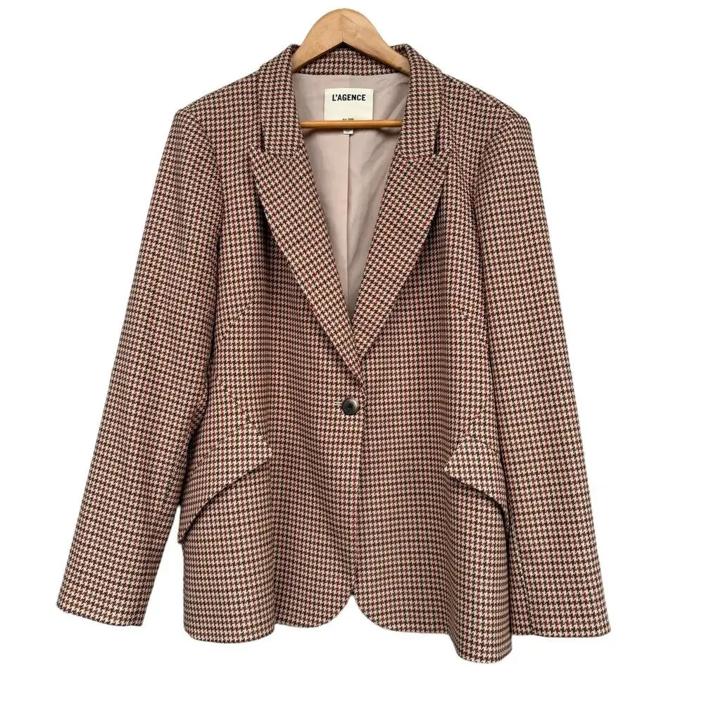 L'Agence Chamberlain Houndstooth Blazer Jacket Tan Brown Red Size 16